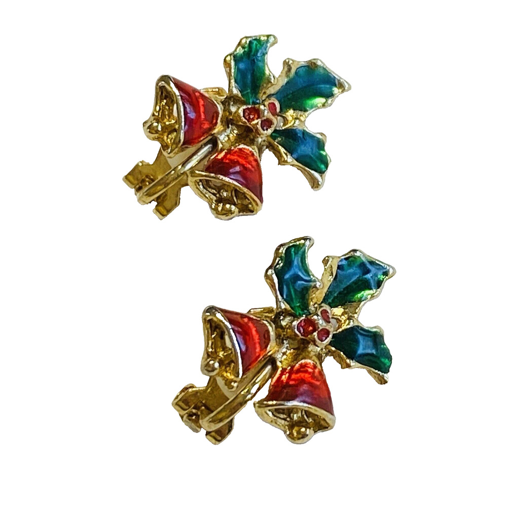 Christmas Clip On Earrings Holly & Bells Festive Holiday Goldtone Green & Red